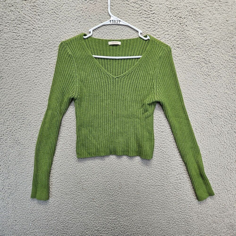 Odica Sweater Tops Womens Size Small Green Rib Knit V-Neck Pullover‎